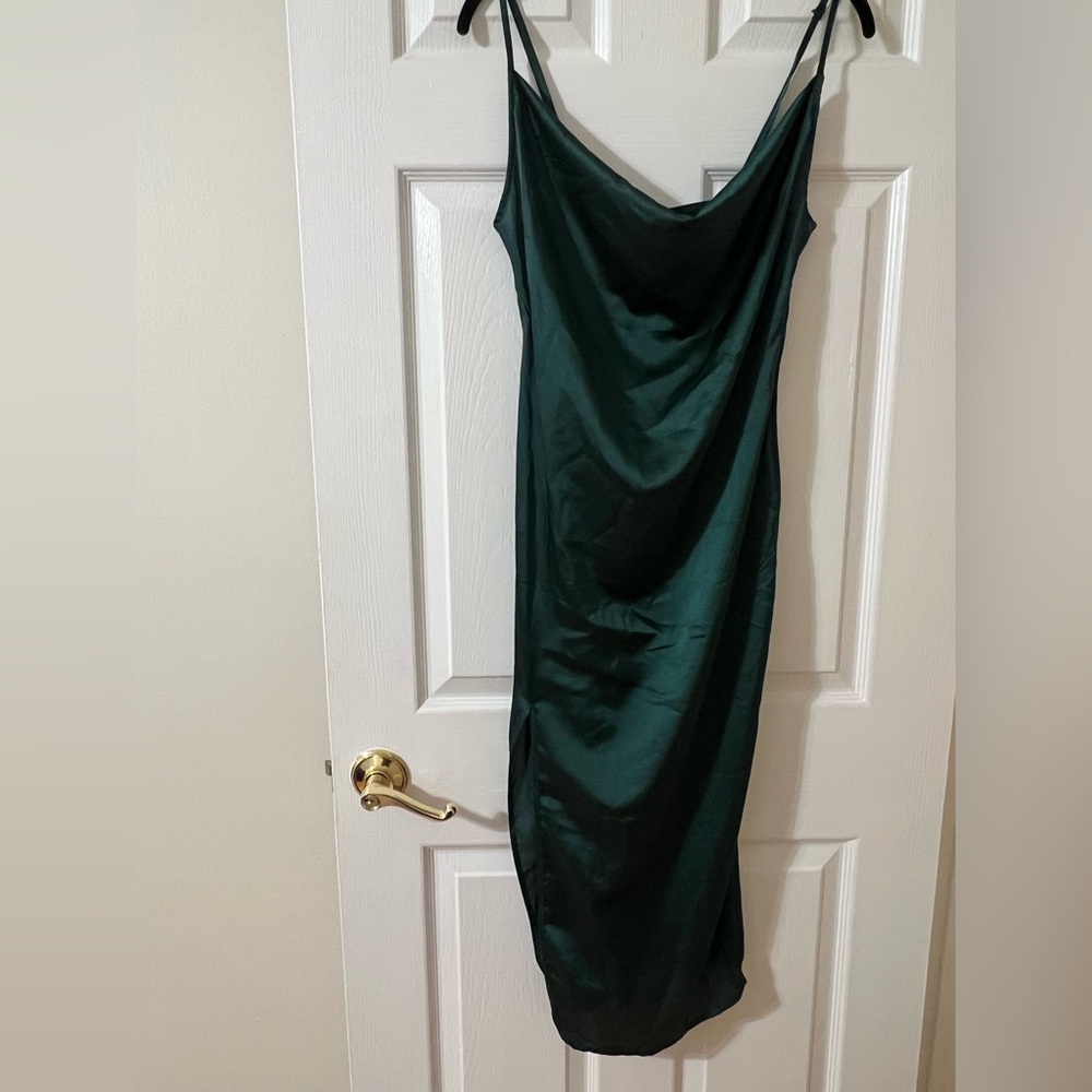 PrettyLittleThing Green Slip Dress Draped Neck with Slit and Adjustable Straps